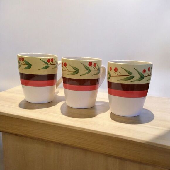 Royal Norfolk Stoneware Coffee Mug Cherry Designed Cups Set Of 3 - Picture 5 of 6